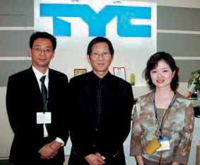 TYC officials, from left: OEM sales manager C.K. Lin, AM/OEM sales director Carlos Ting, and North American sales manager Orian Chang