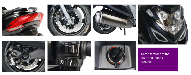 Some features of the high-end touring scooter.