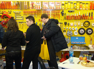 Buyers are seen interested in a variety of hand tools displayed at the Intertool Moscow 2007.