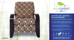 The Carlyle recliner from La-Z-Boy, as highlighted in this promotional piece, features Eco-Suede fabric, made from recycled plastic from water bottles.