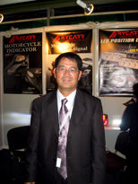 Mycarr chairman Jack Shih and his company`s high-level LED day lights.