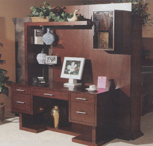 The Contempo home office group from Signature Home Furnishings includes a small-footprint desk and a large hutch.