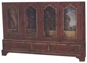 The Woodlands entertainment cabinet from GuildMaster hides the television behind hand-painted artwork when not in use.
