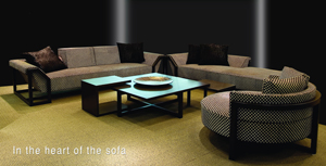 The stylish living room set of upholstered sofas, and uniquely-designed wooden coffee table with tenon-jointing.