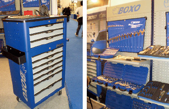Machan displays a line of BOXO-branded tool sets and roller cabinets.