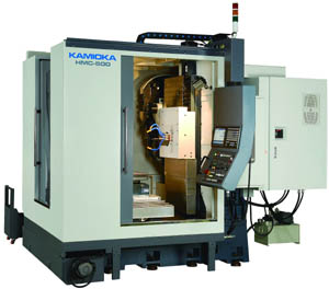 Kamioka’s HMC-500 horizontal CNC machining center capable of multisided machining and complex surface milling.
