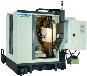 Kamioka’s HMC-500 horizontal CNC machining center capable of multisided machining and complex surface milling. Kamioka’s HMC-500 horizontal CNC machining center capable of multisided machining and complex surface milling.
