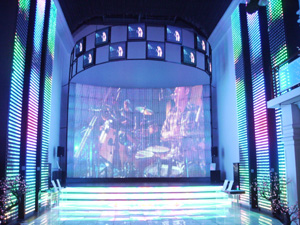 A giant LED screen shows off the company’s prowess in its showroom.