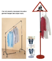 Che Ho's recently developed innovative garment hangers and slipper racks.