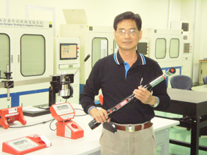 William Tools’s chairman William Chiang holds the prototype of the newest semi-powered digital torque wrench.