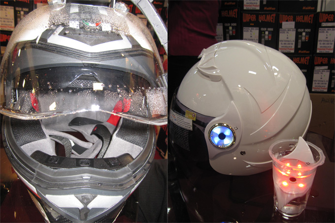Other innovative HaiHao safety devices for PTW riders: (left) in-helmet electronic anti-fog device, and LED helmet markers.
