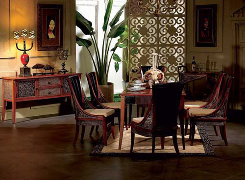 Elegant dining room in leather, wicker, cloth and solid woods developed by Dongguan Zhenpin.