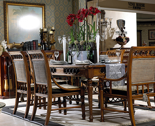 The “Athens series” dining room furniture is of elm imported from Russia.