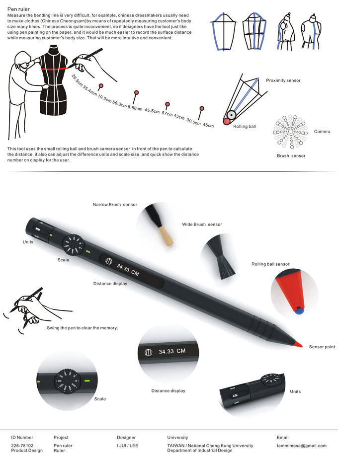 <li>Item: Pen ruler | ruler</li>
<li>Prize: Best 100 & Prizewinner of €5,000</li>
<li>Category: 01. industrial design + product design</li>
<li>Design: National Cheng Kung University, Taiwan</li>
