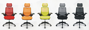 Chueng Shing’s ergonomically designed mesh office chairs come in a variety of colors including red, orange, light green, blue, and black.