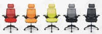 Chueng Shing's ergonomically designed mesh office chairs come in a variety of colors including red, orange, light green, blue, and black.