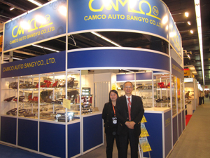 Bruce Liu (right), chairman of Camco, and his company`s booths at Automechanika Frankfurt, the world`s largest auto-parts trade fair.