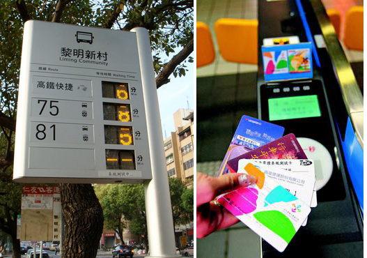 The Smart Bus Stop (left) and multi-card reader telematics systems in Taiwan.