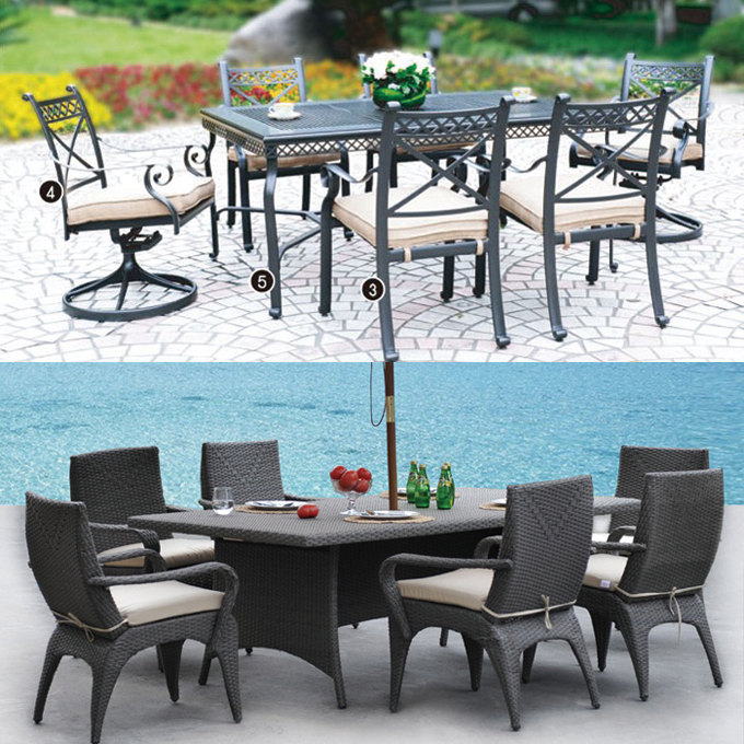 Outdoor dining sets from Shanghai Violet are made mainly of cast aluminum and woven wicker.