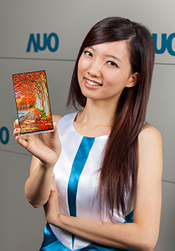 A model holds AUO's mass-produced 6-inch WQHD smartphone panel.