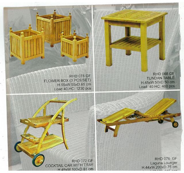 Home Design uses plain wood to make a variety of products including flower boxes, casual tables, and cocktail cars with trays.