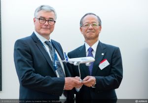 Taiwanese aerospace company AIDC will produce composite panels for A320 aircraft aft belly fairings. Francois Mery (left), Airbus senior vice president, and Tony Liou, AIDC senior vice president, sign the supply contract in France. (photo from Airbus)