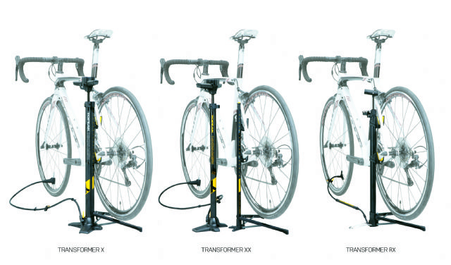 Topeak's cleverly designed Transformer pumps do double duty as a pump and bike stand.
