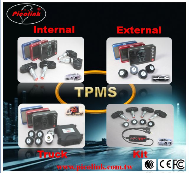 Samples of TPMS (external- and internal-type for trucks and cars) developed and made by the ISO 9001-certified Picolink.