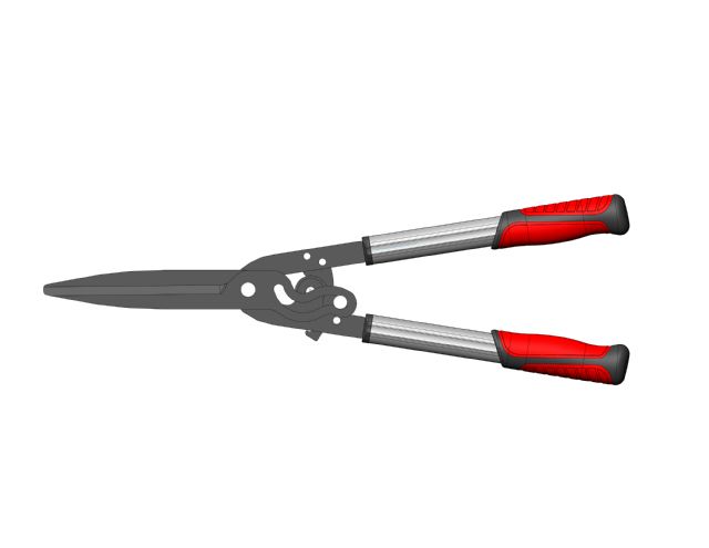 The Planet Gear-integrated hedge shear features double-cut action in one cycle of handle opening and closing.