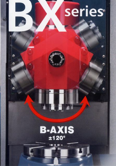 The B-axis milling spindle swings minus and plus 120 degree. 