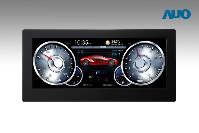 AUO's 12.3-inch LCD for vehicle instrument cluster with high resolution, wide color gamut, and wide viewing angle.