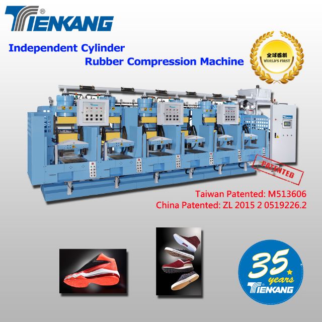 Tien Kang’s TK-361 Independent-Cylinder Rubber Compression Machine is patented in Taiwan and China.