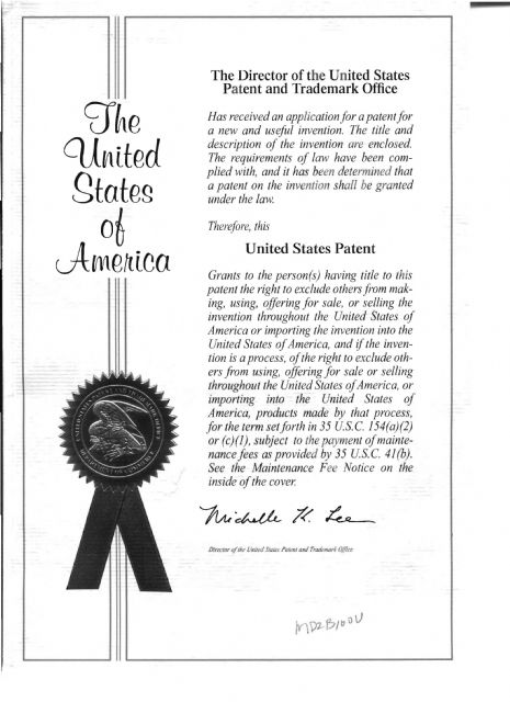 Jenp Jou’s patent certificate granted by the United States Patent and Trademark Office for its MD2B100U caster.