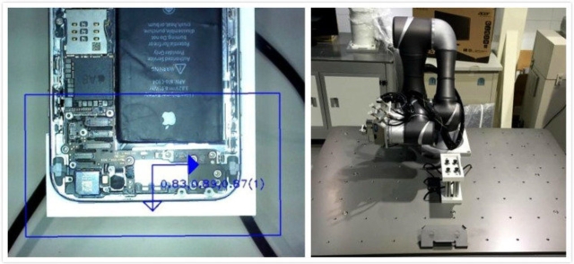 輔導廣明光電開發具視覺整合的混合式視覺技術（左）機器人拆卸作業單元（右），擴大機器人應用市場。 精機中心／提供