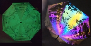 吉使達的可集彩虹反光、發（夜）光和變圖效果三合一技術運用在雨傘布料。(吉使達提供）