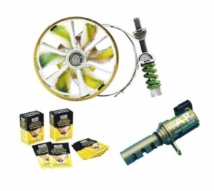 綜和公司的渦旋進氣片（上）、魔術方巾（左下）及可變汽門優化器（右下）。 綜和公司／提供