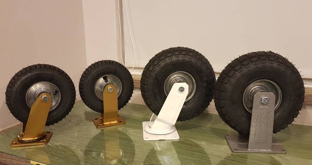 腳輪的另一個巔峰之作-「無內胎可充氣式高速輪」，採用高彈力耐壓橡膠，無內胎構造，耐壓、耐重、耐磨。 李福忠／攝影