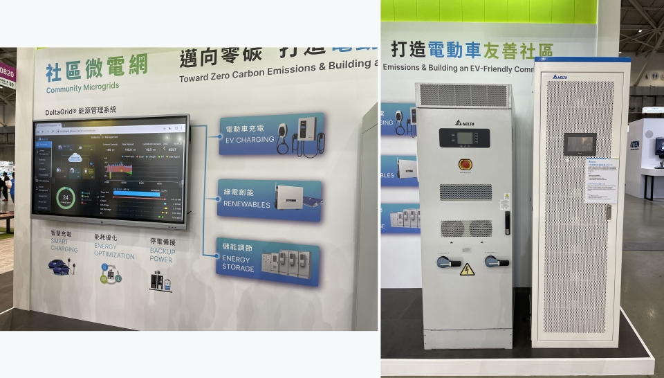 Delta Electronics’ community microgrid solution (left) and Li-ion battery/BSO-CS (right) battery storage system. (Photo courtesy of CENS)

