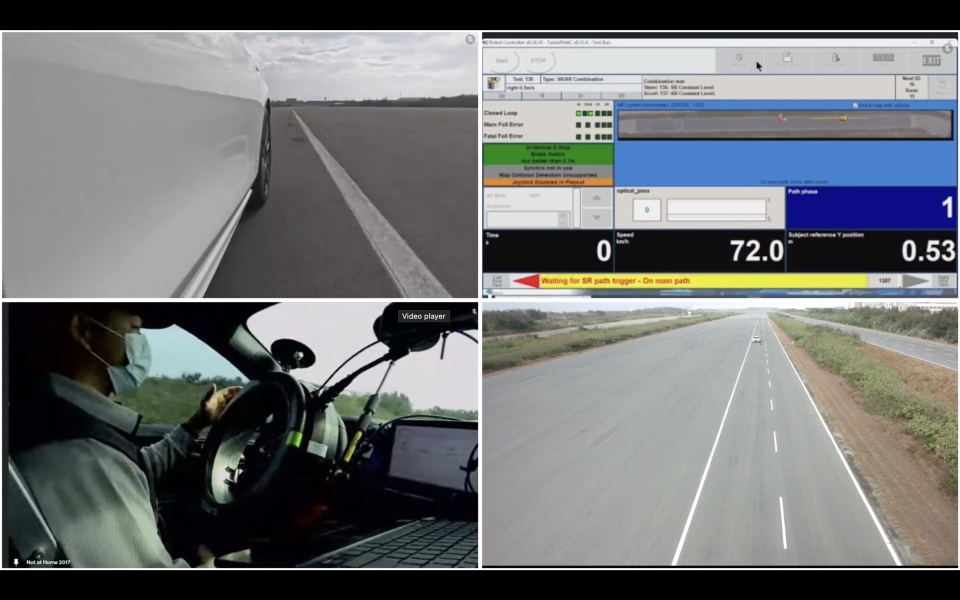 車輛中心（ARTC）首次挑戰以空拍、艙內與車窗等4D多視角畫面，進行全台唯一的「自動駕駛機器人」展演。（翻攝自車輛中心測試影片）