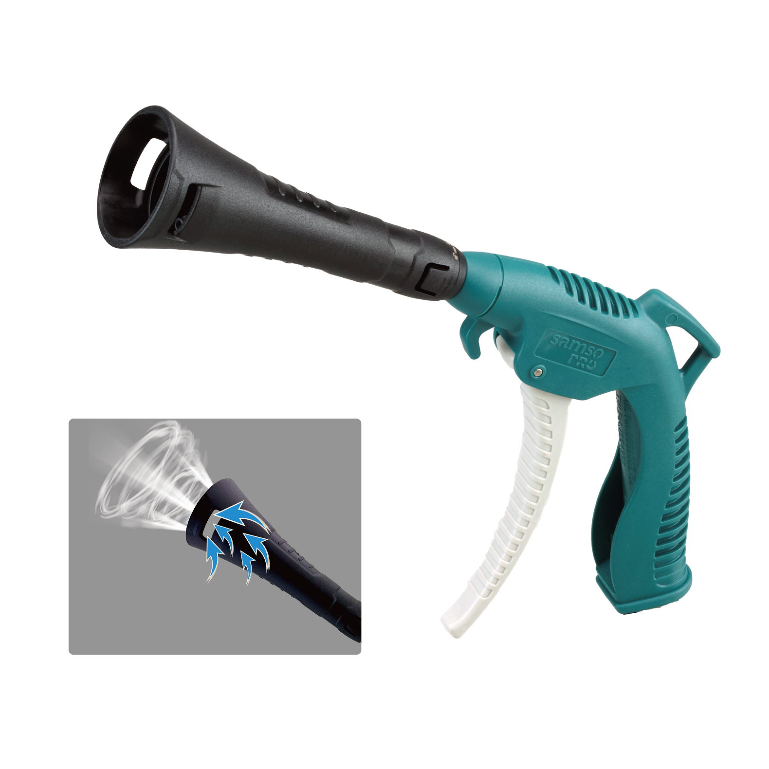 Tornado Nozzle Air Blow Gun with rotating hose that can generate strong pulse airflow. Ideal for cleaning of soiled surfaces, car interior & exterior and carpet. (Photo courtesy of USON )