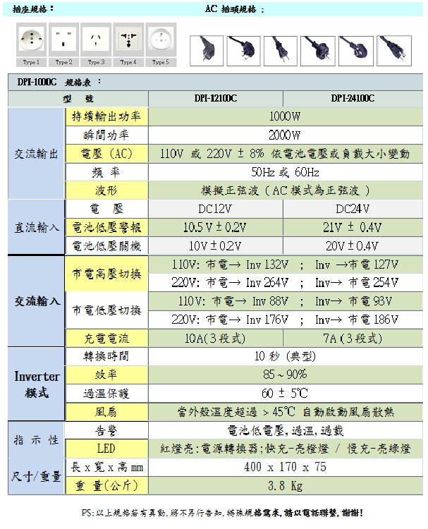 DPI-12100C 1000W 模擬正弦波電源轉換器+充電器 (UPS)