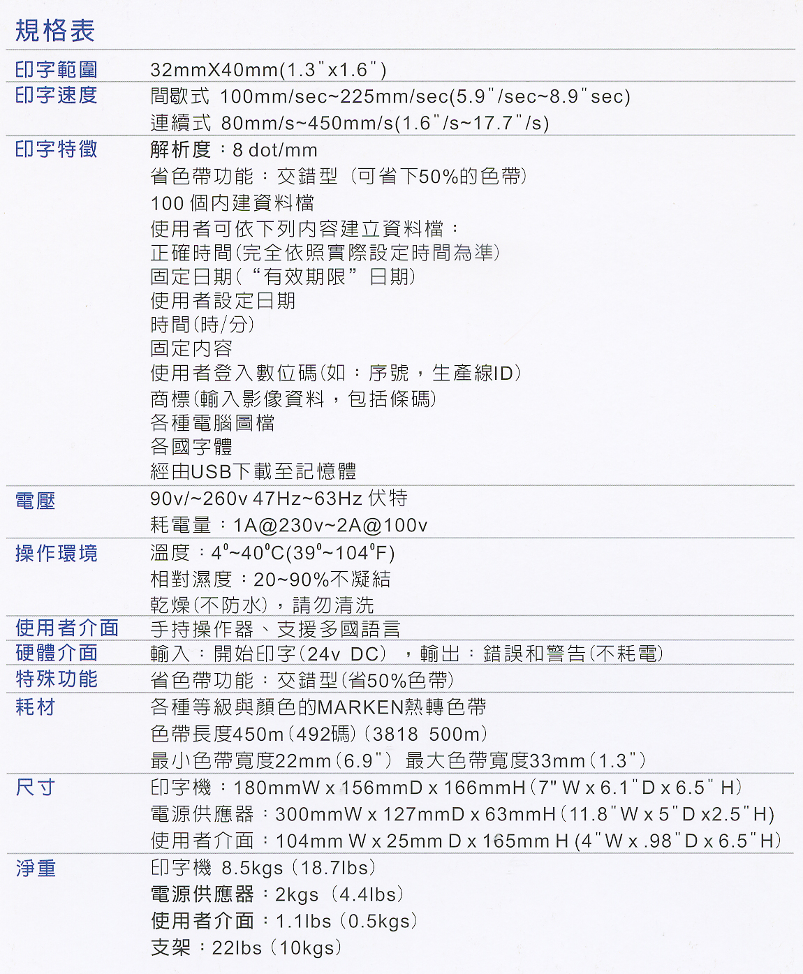 马肯的18系列热转印印字机