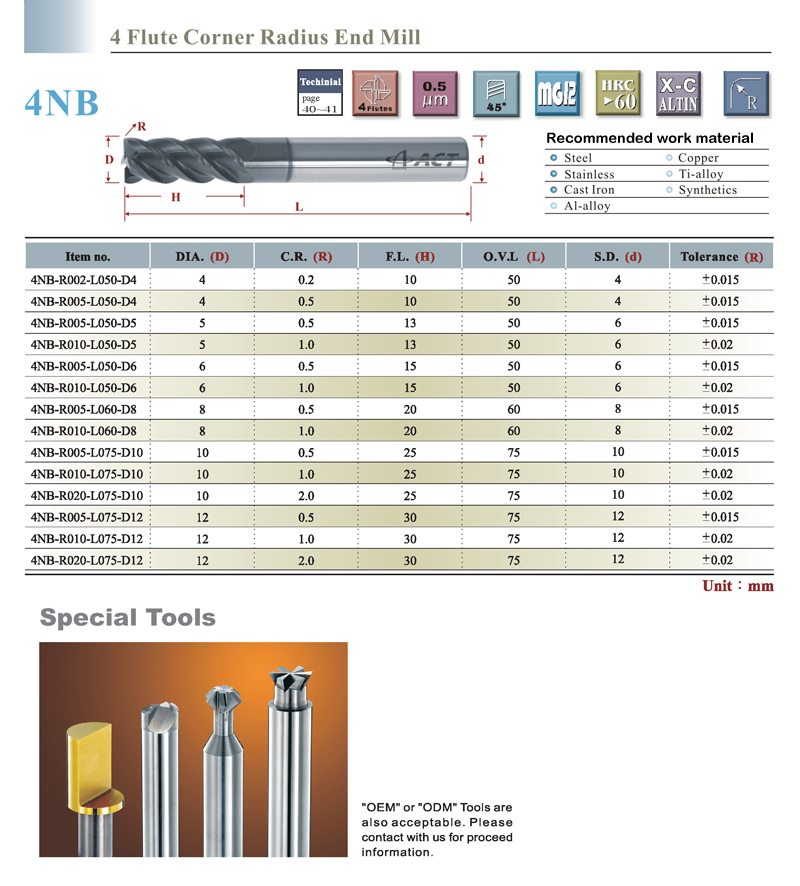 4 Flute Corner Radius End Mill(45°)