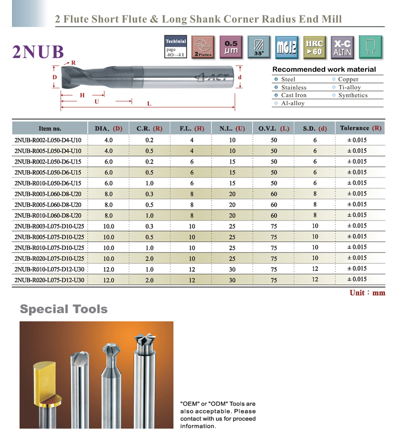 2 Flute Short Flute & Long Shank Corner Radius End Mill