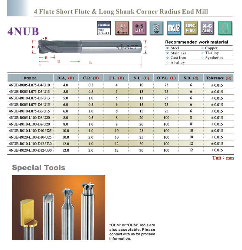 4 Flute Short Flute & Long Shank Corner Radius End Mill