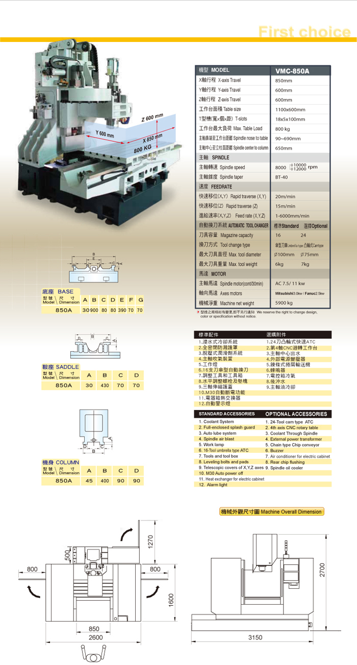 3 Axes Box Way Mechanism Vertical Machining Center