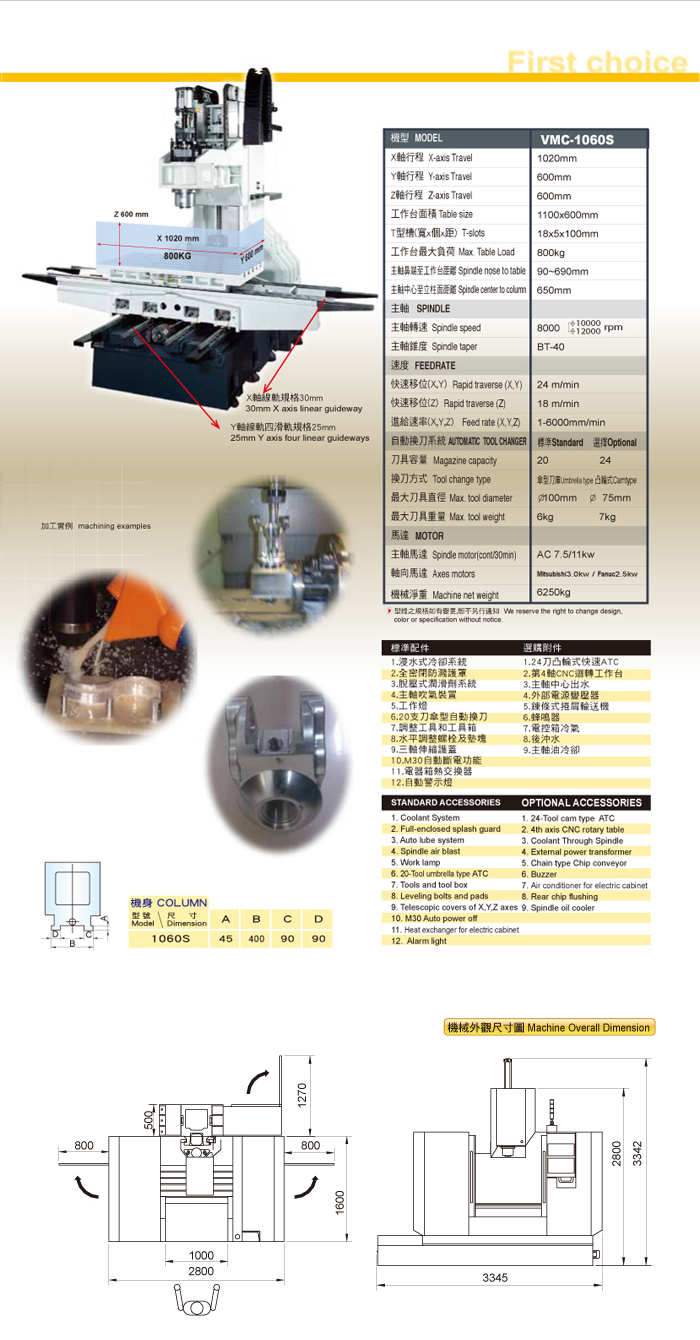 X、Y軸線軌，Z軸硬軌機構立式切削加工中心機