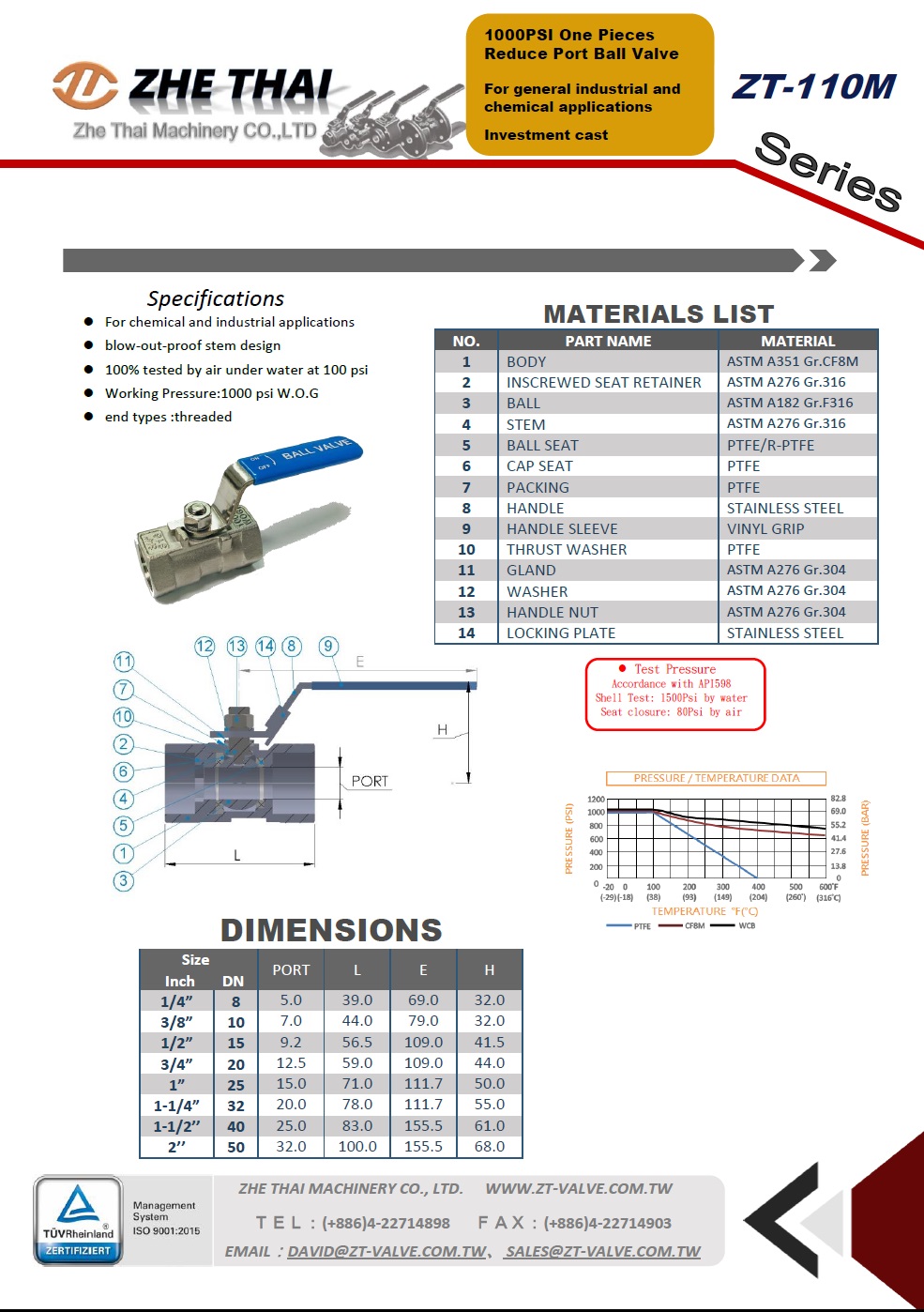 ZT-110M 1000PSI One Pieces Reduce Port Ball Valve