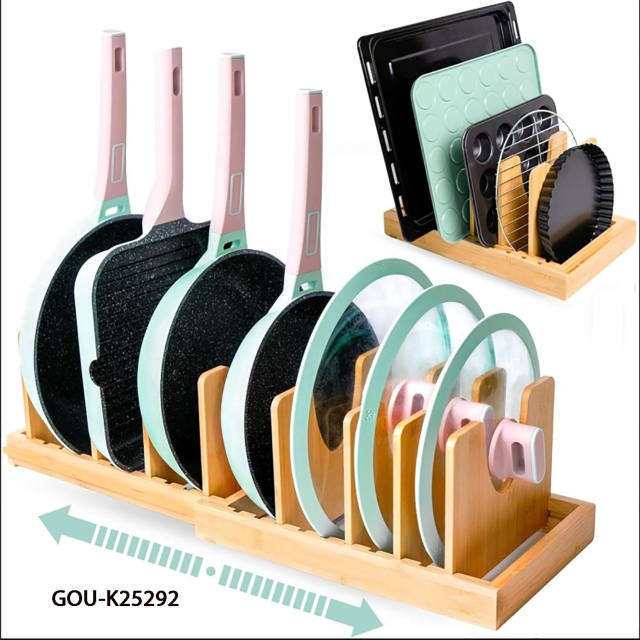 Adjustable Bamboo Pan and Lid Organizer Rack