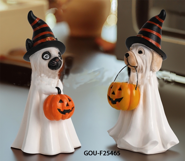 Halloween-themed pumpkin ghost dog figurine